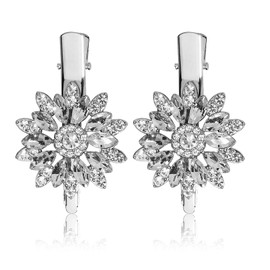 2Pcs Diamante Hair Clips for Women Rhinestone Flower Duckbill Hair Clips Crystal Hair Pins Silver Fancy Hair Barrettes French Hairpins Sparkly Hair Accessories for Girls Women Wedding Birthday