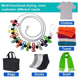 1 Pack Portable Clothesline with 12 Clothespins, Windproof Travel Clothesline Stretchy Retractable Elastic Laundry Clothes Line for Backyard, Vacation Hotel, Balcony Clothes Drying Line (Multicolour) Accessories
