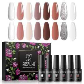 ROSALIND Semi-Permanent Nail Polish, 8 Colors White Nude Brown Glitter, 5ml Gel Nail Polish Soak Off UV Lamp, Nail Art Varnishes Gel Nail Polish Set 8pcs