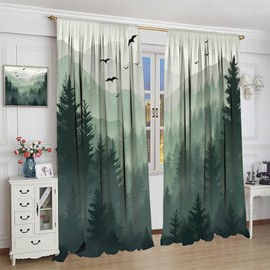 Forest Blackout Curtain for Living Room, Watercolor Green Forest Flying Birds Nature Mountain Tree Woodland Home Window Treatments 2 Panels Drapes for Kitchen Batroom Office Deocr 42"W X 45"L
