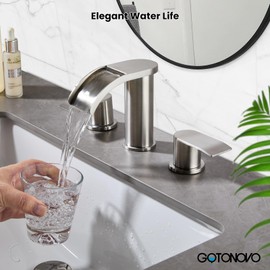 gotonovo Waterfall 8 inch Widespread Bathroom Faucet Set Bathroom Sink Faucet 3 Hole 2 Handle Vanity Lavatory Deck Mount with Pop Up Drain and Water Supply Lines Round Body Brushed Nickel
