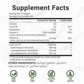 Wild Caught Cod Liver Oil 2,000mg Per Serving, 240 Softgels – Extra Strength EPA DHA Omega 3 with Vitamin D & A – Burpless, Lemon Flavored – Vision, Heart, Brain, & Immune Support