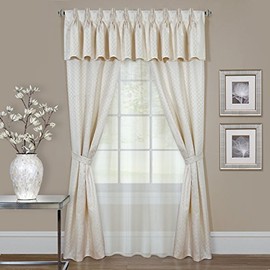 Woven Trends Modern Geometric 6-Piece Window Treatments Curtains, 55 x 63 Inches Rod Pocket Panels Light Filtering Curtain with Attached Valance, Underlay, and Tie Straps for Room Decor, Cream