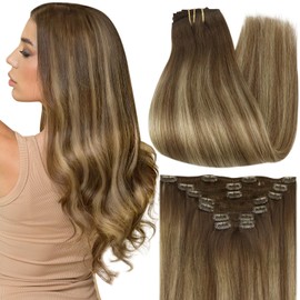Full Shine Hair Clip in Hair Extensions Color 4/24/4 Clip in Extensions Human Hair 16 Inch Balayage Ombre Hair Extensions for Women Clip ins 105 Grams