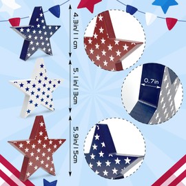 3 Pcs 4th of July Wooden Star Signs Decorations, Rustic Star Shape Tiered Tray, Memorial Day Decorations, Red Blue White Wood Star Blocks Table Signs