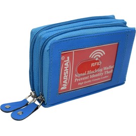 MARSHAL Genuine Leather Credit Card Holder Wallet Accordion Double Zipper with Id window (Baby Blue)