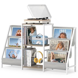 Record Player Stand with Vinyl Storage, Record Player Table with Record Storage 200 Albums, Turntable Stand with Record Holder Vinyl Display Shelf, Record Cabinet Media Stereo (Two-side storage-White)
