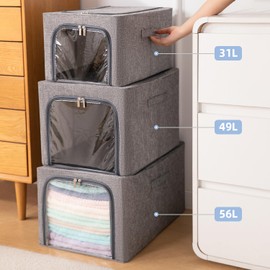 GuliPostan 3 Pack 56L Stackable Clothes Storage Bins with Metal Frame Handles & Zipper, Collapsible Closet Organizer Box for Bedding Blankets Towel (Grey)