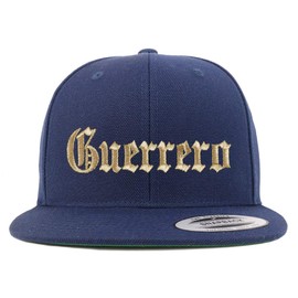 Trendy Apparel Shop Old English Guerrero Gold Embroidered Flatbill Snapback Baseball Cap- Navy