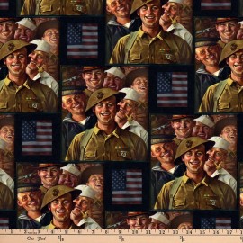 David Textiles NORMAN ROCKWELL SOLIDERS FACES DAVID TEXTILES VINTAGE USA MILITARY FABRIC HY