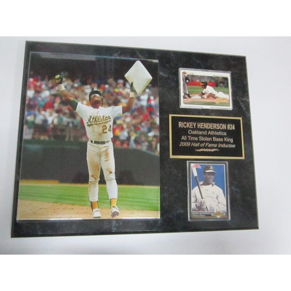A's Rickey Henderson 2 Card Collector Plaque w/ 8x10 Record Breaking Photo