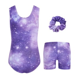 JiAmy Gymnastics Leotards for Girls, 3Pcs Sleeveless Athletic Outfit Sparkly Dance Unitards with Shorts Ballet Biketards 6-7 Years