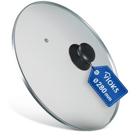 VIOKS Glass Lid Pan Lid 28 cm & Universal Pot Lid with Button Handle and Stainless Steel Protective Rim – Universal Lid for Pans with Ventilation Hole