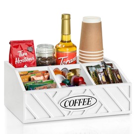 Coffee Station Organizer for Coffee Bar Accessories, Wood Coffee Bar Organizer for Coffee Bar Decor, Farmhouse Coffee Station Organizer for Countertop, Coffee Pod Syrup Holder and Condiment Organizer