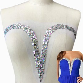 25x36cm Sew on AB Sequin Rhinestones V-Shaped Collar Crystal Appliques Designs Sewing for DIY Costume Dress
