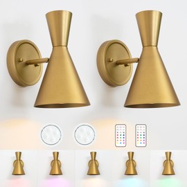 HEQIQEH Modern Battery Powered Wall Sconces Light Set of 2 with Flared Funnel Metal Shade, 13 RGB Remote Control Dimmable Adjustable Wall Mounted Lamp for Galleries, Hallway, Bedroom, Hotels