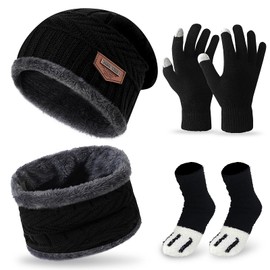 Kids Winter Beanie Hat Scarf Gloves Socks Set,Thick Knitted Hats Warm Long Knitted Scarf Thermal Touch Screen Gloves for Kid Youth,Elastic Outdoor Sports Warm Set for Skiing/Hiking/Running/Driving
