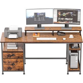 Furologee Computer Desk with Shelves and Drawer, 61" Long Desk with Fabric File Drawer, Industrial Writing Desk with Large Monitor Stand, Study Table Workstation for Home Office, Rustic Brown