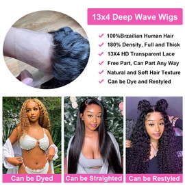 Realloves 22inch Deep Wave Lace Front Wigs 13x4 HD Transparent Lace Frontal Wigs Human Hair For Women 150% Density Deep Curly Human Hair Wig Pre Plucked with Baby Hair