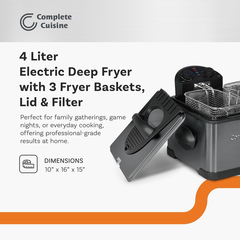 Complete Cuisine 4 Liter Electric Deep Fryer with 3 Fryer