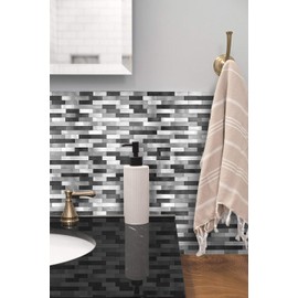 Decopus Metal Mosaic Tile Backsplash -LNG Oblong in Black/Gray/Silver 10pc/Pack - Rustic Vintage Retro Style Peel and Stick for remodelling Wall of Fireplace, Kitchen, Bathroom, Camper, Stairway