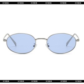 SUNBSR Retro Oval Sunglasses for Women Men 90s Trendy Small Round Gold Sun Glasses Fashion Narrow Metal Frame Shades (Silver/Blue)