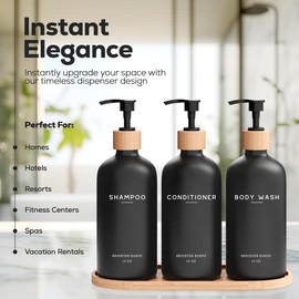 Black Shampoo and Conditioner Dispenser Set by Brighter Barns - Body Wash, Shampoo Dispenser for Shower with Pump - Refillable Plastic Shower Soap Dispenser for Bathroom Decor in Home, Airbnb (Black)