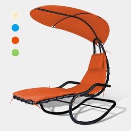 Geniqua Outdoor Hammock Rocking Chaise Lounge Swing Chair, with Stand and Canopy, Porch Swing w/Soft Cushion Removable Headrest, Outdoor Recliner Rocking Chair for Garden Backyard Poolside (Orange)