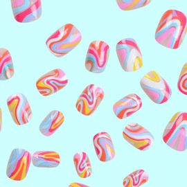 KTAABTR French Line Press on Nails Short Round Fake Nails with Glue Glossy Acrylic Nails Design French False Nails Stick on Nails for Woman Girls DIY Manicure 24Pcs Nails Decoration Set