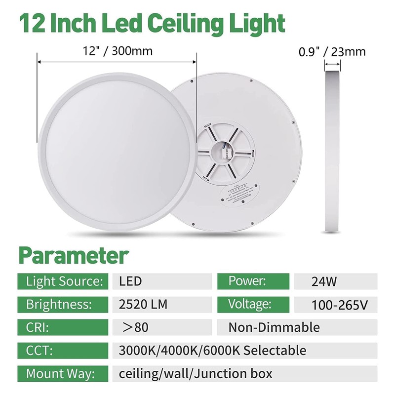 4PK 12 Inch LED Flush Mount Ceiling Lights, 24W, 2500LM,