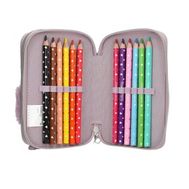 Depesche 13158 Princess Mimi Penguin - Filled 2-Compartment Pencil Case in Lilac and Cream with Penguin Motif and Plush Fur, Pencil Case with Colouring Pencils, Ruler, Scissors and much more