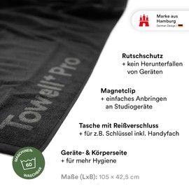 STRYVE Sporthandtuch TOWELL+Pro (105 x 42,5cm) Mit Anti-Slip Rutschschutz & Reißverschlusstasche, Körper-&Geräteseite, 4 Farben, Handtuch Fitnessstudio, Mikrofasertücher, Mikrofaser