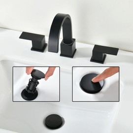 NOHALIPY Widespread 8 Inch Matte Black Bathroom Sink Faucet, Waterfall Black Stainless Steel Bathroom Faucet for Sink 3 Hole, Vanity Lavatory Sink Faucets with Drain & Water Hoses