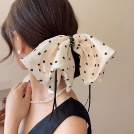 Rannyrena Large Chiffon Silk Hair Bow for Women Mesh Big Bows Hair Clips with Pearls Crystal Tulle Hair Barrettes Long Tail Bowknot Hair Accessories (Polka Dot White)