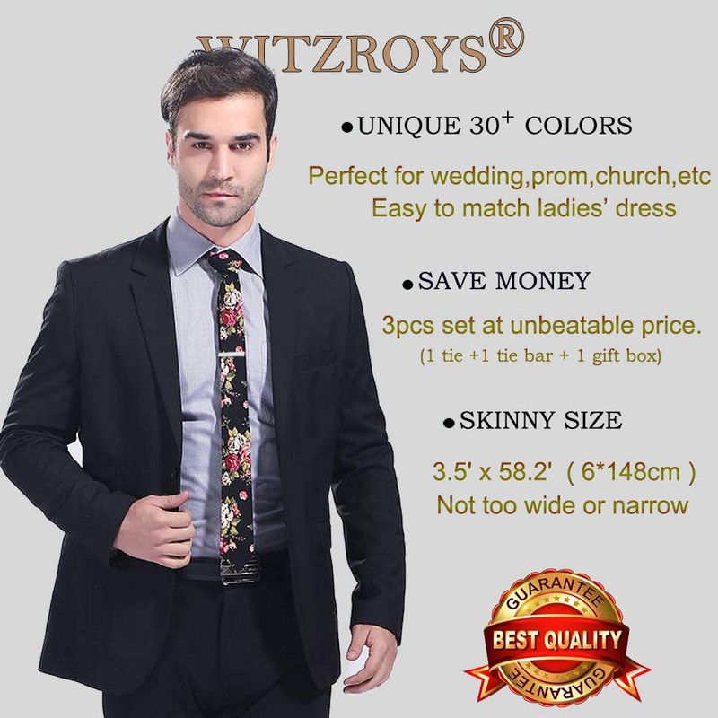 WITZROYS Men's Skinny Tie Floral Cotton Necktie and Tie Bar