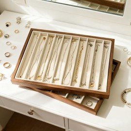 HOUKANWE Large Jewelry Trays for Drawers Stackable Velvet Jewelry Display for Vendors Jewelry Drawer Organizer Inserts for Rings Necklace Bracelets Earrings and Studs Earrings (Beige, 10 Grid)