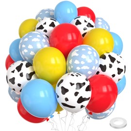 Toy Inspired Story Balloons, 60pcs 12 Inches Cow Pattern Cloud Yellow Red Blue with 1 Ribbon for Birthday Baby Shower Toy Inspired Story Themed Party Decorations