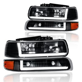 DimFlux LED DRL Headlight Assembly Headlights Kit Compatible with 1999-2002 Chevy Silverado 1500 2500/2001-2002 Silverado 1500HD 2500HD 3500HD Replacement Headlamp Black Housing Amber Reflector