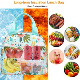 Octsky Cute Lunch Box Bag for Women Adult Men Large Capacity Insulated Tote Cooler for Work/Travel/Office,Floral Green