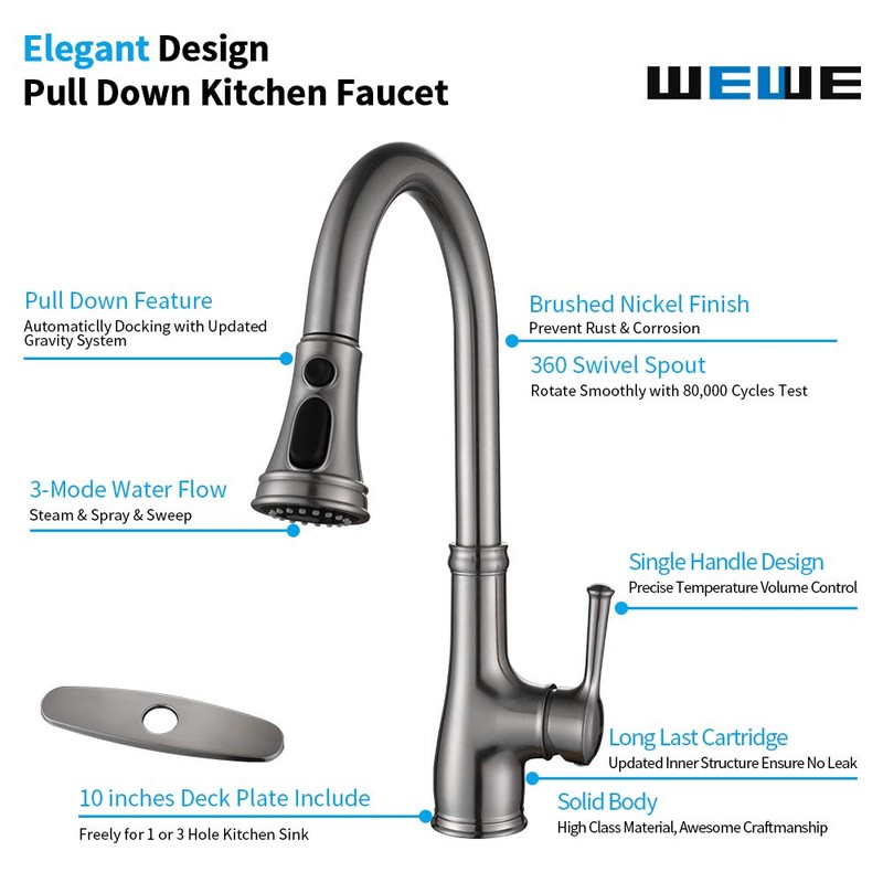Kitchen Faucet-WEWE Single Handle Stainless Steel Brushed Nickel Pull Down