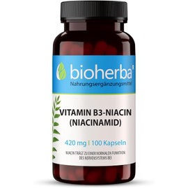 Vitamin B3 Niacinamide Niacin Kapseln 420 mg – Unterstützt Nervensystem & Energie, Verringert Müdigkeit – 100 Niacinamid Kapseln = 100 Tage Vorrat BIOHERBA