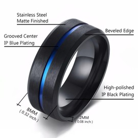 MMTTAO Men's Titanium Ring Wedding Band for Men Women 8MM Black Plated Engagement Band Wedding Ring Blue Grooved Center Matte Brushed Finish Beveled Edge Comfort Fit Jewelry Gift, Blue Black, Size 10