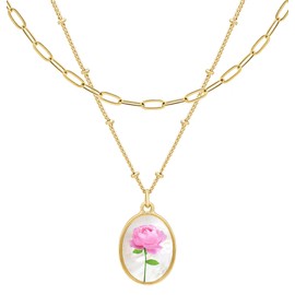 BONALUNA Birth Flower 14K Gold Necklace - 2 Layered & Seperate Chains with Dainty White Shell Pendant, Featuring Birth Month Real Flower Motif, Perfect Jewelry for Birthday Gifts