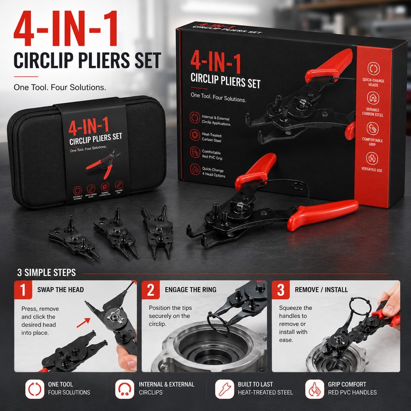 4-in-1 Circlip Pliers Set for Ring Repairs – Interchangeable Snap