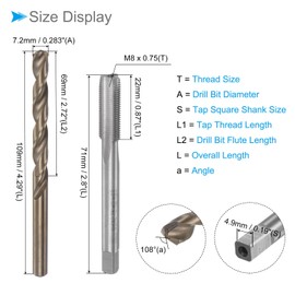 CoCud Tap and Drill Bit Set M8 x 0.75 Tap Thread 7.2mm Drill Diameter Metallic Machine Thread Tap Twist Drill Bit Tool Kit for Thread Tapping Repair 1 Set