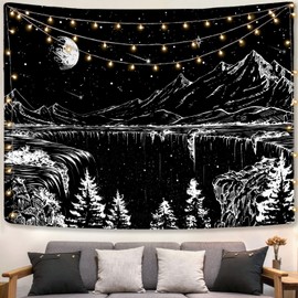 Zussun Black and White Tapestry Starry Night Mountain Tapestries for Bedroom Aesthetic Moon and Stars Tapastry's Wall Hanging Dark Nature Forest Wall Tapestry for Living Room Dorm (60'' × 44'')