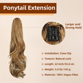 Tiklans Blonde Ponytail Extensions, 22" Long Claw Clip in Ponytail Hair Extensions Hair Piece Natural Soft Synthetic Curly Wavy Pony Tail Hair Pieces for Women