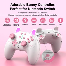 Switch Pro Controller, Wireless Switch Controller for Switch OLED, Switch Lite, PC, Pink Cute Switch Controller with Turbo, 6-Axis Motion, Pink Cute Bunny Switch Pro Controller with Vibration, Programmable