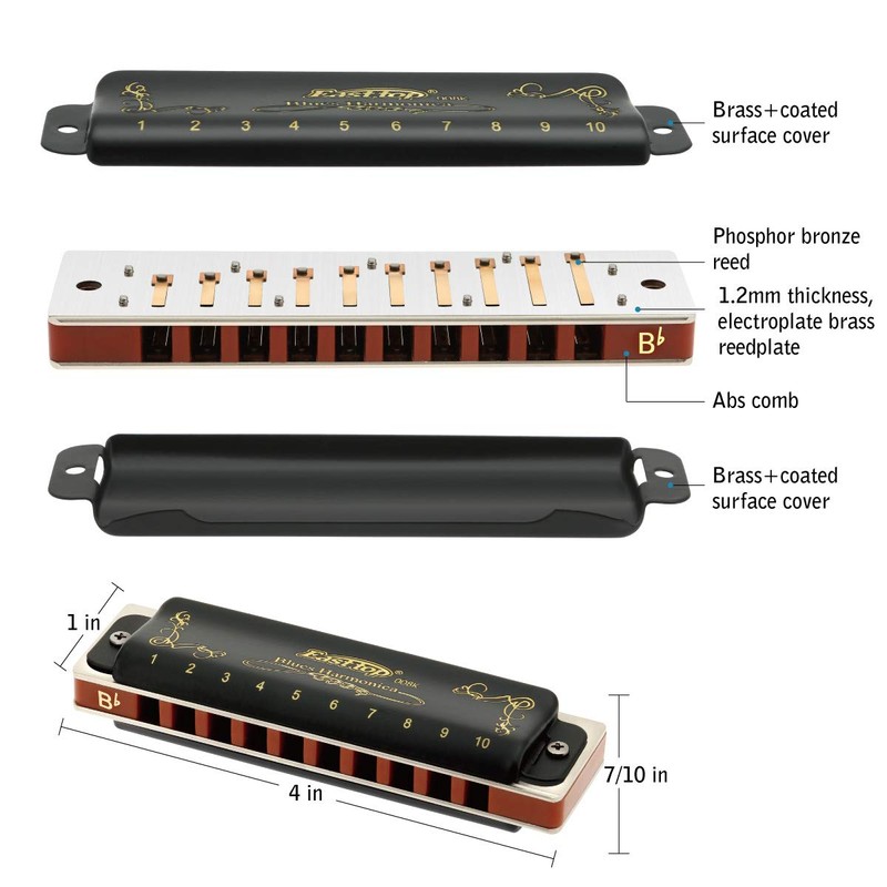 East Top Diatonic Blues Harmonica 10 Holes T008K Key of