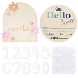 VOSSOT 2 x Baby Milestone Cards Set, 0-9 Number Plates, Wooden Milestone Cards, Baby Flowers Design, Baby Monthly Cards, 1-12 Months, Boys & Girls, Perfect for Baby Photos and Growth Memories